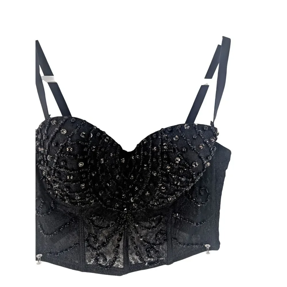 WINDSOR! DAZZLING BLACK BEAD, RHINESTONE & SEQUIN BUSTIER BRA TOP! SIZE XS